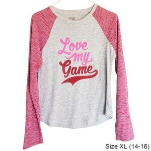 Danskin Womens LS Tee XL Pink Gray Love My Game Graphic Motivational Sportswear